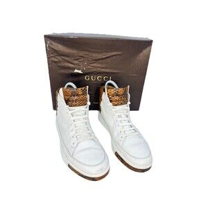 Gucci Python Skin High Top Sneakers GG White Brown CLEAN Logo Mens Size 9.5 ~ 10